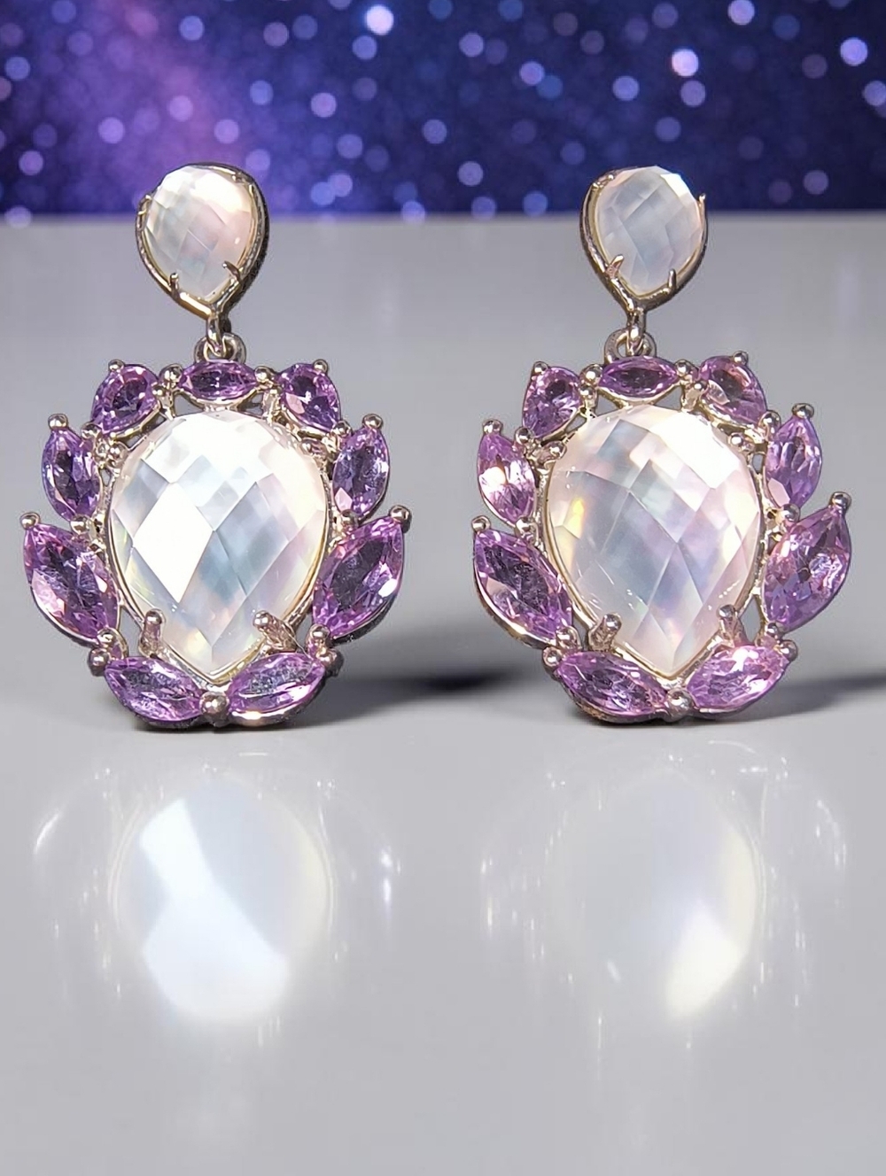 Amethyst, Mother of Pearl and Sterling Silver Halo Drop Earrings Brand New